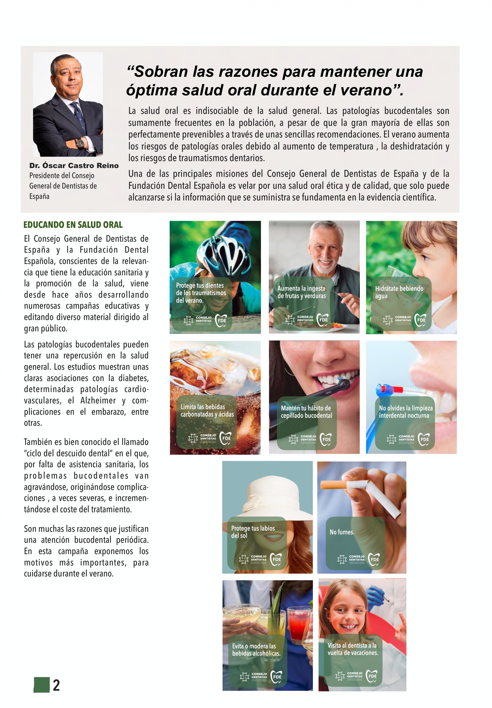 Página con diez imágenes de consejos de salud bucodental para el verano